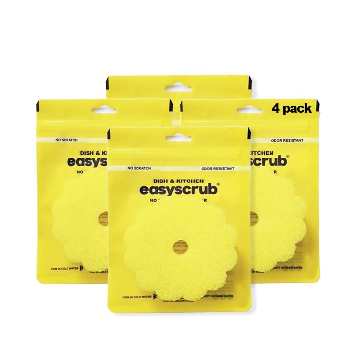 Easyscrub No Scratch Dish & Kitchen Sponge, Odor Resistant, Flower Shape Scrubber for Utensils & Cookware, Firm in Cold Water, Pack of 4 (Yellow)