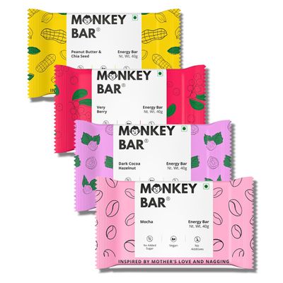 MONKEY BAR - FANTASTIC 4 Energy Bars | Pack of16, 40g each, Just 4-6 Plant-Based Ingredients, Healthy & Clean Protein Snack, Zero Added Sugar, Dairy Free, No Artificial Sweeteners, Vegan
