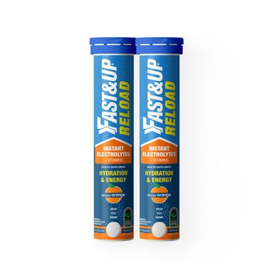 Fast&Up Reload (10 Litres) Low Sugar energy drink for Instant Hydration - 20 Effervescent Tablets with all 5 Essential Electrolytes + Added Vitamins - Certified Electrolytes Drink - Orange flavour, Pack of 2
