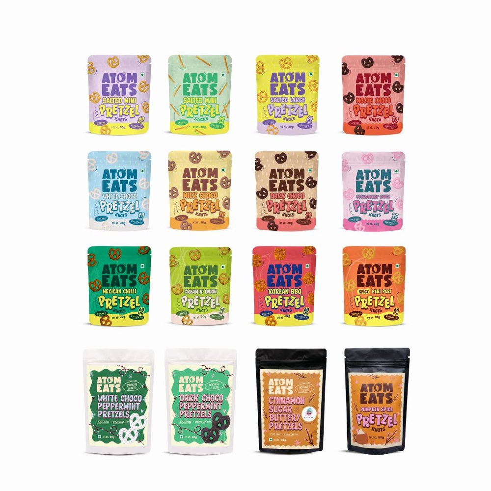 Atom Eats | Try 'Em All Combo Pack | 14 Assorted Flavours (30g each) | Choco, Spicy, Savoury, and Classic Salted Snack | Crunchy Gourmet Pretzels | Premium Combo for Snacking & Gifting | Imported Quality | 420g
