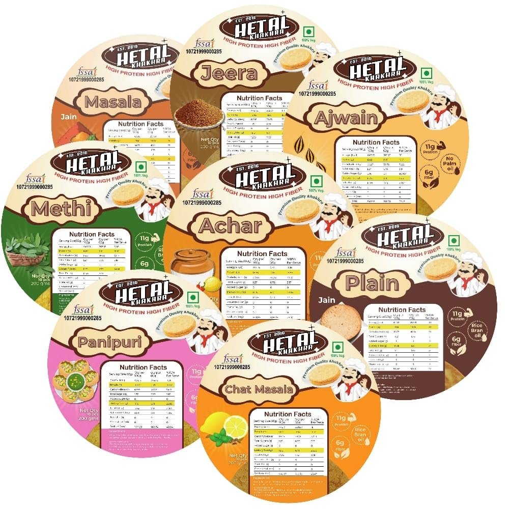 JAIN Combo pack of 8 | masala| methi| Jeera | Ajwain| Plain |Chat| Panipuri | Achar | Crispy | Ready To Eat | High Protein High Fiber| No Palm Oil | 200g Vacuum Pack Of 8