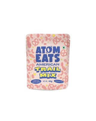 Atom Eats | American Trail Mix - 60g | Premium Blend of Pretzels, Roasted Almonds, Cashews, Pumpkin Seeds, Peanuts, Dried Cranberries, Choco Gems | Omega 3 Rich Snack | Healthy, Tasty & Energizing Snacking