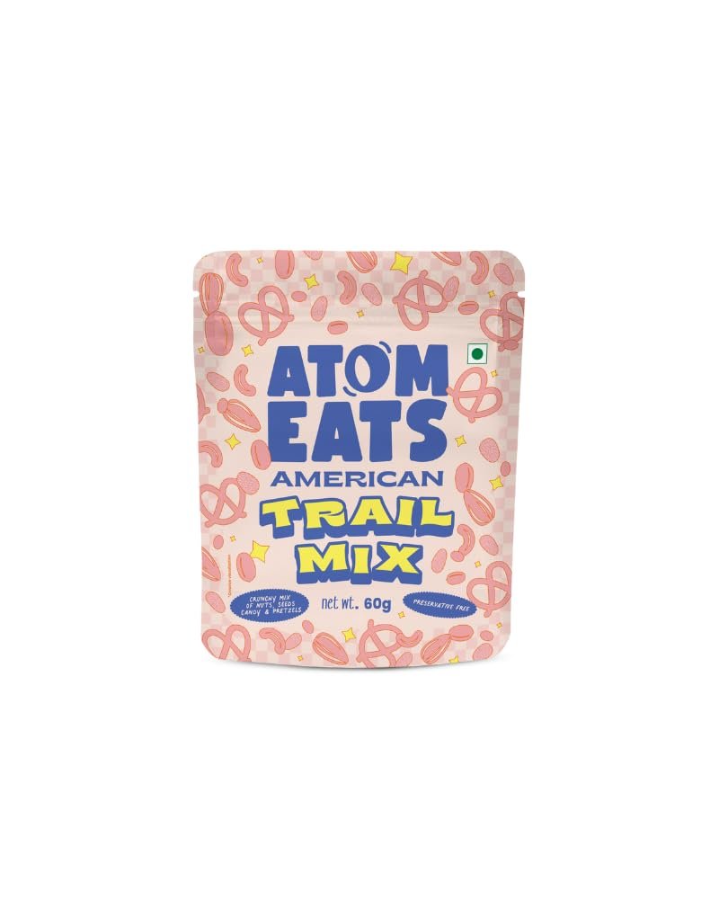 Atom Eats | American Trail Mix - 60g | Premium Blend of Pretzels, Roasted Almonds, Cashews, Pumpkin Seeds, Peanuts, Dried Cranberries, Choco Gems | Omega 3 Rich Snack | Healthy, Tasty & Energizing Snacking