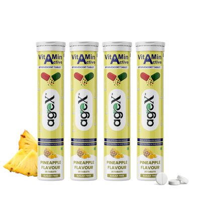AgeX Daily Multivitamins - 21 Fast-Acting Vitamins & Minerals with Vit C, B3, B12, Zinc and Iron for Immunity, Energy & Heart Health - 80 Effervescent Tablets - Pineapple (Pack of 4)