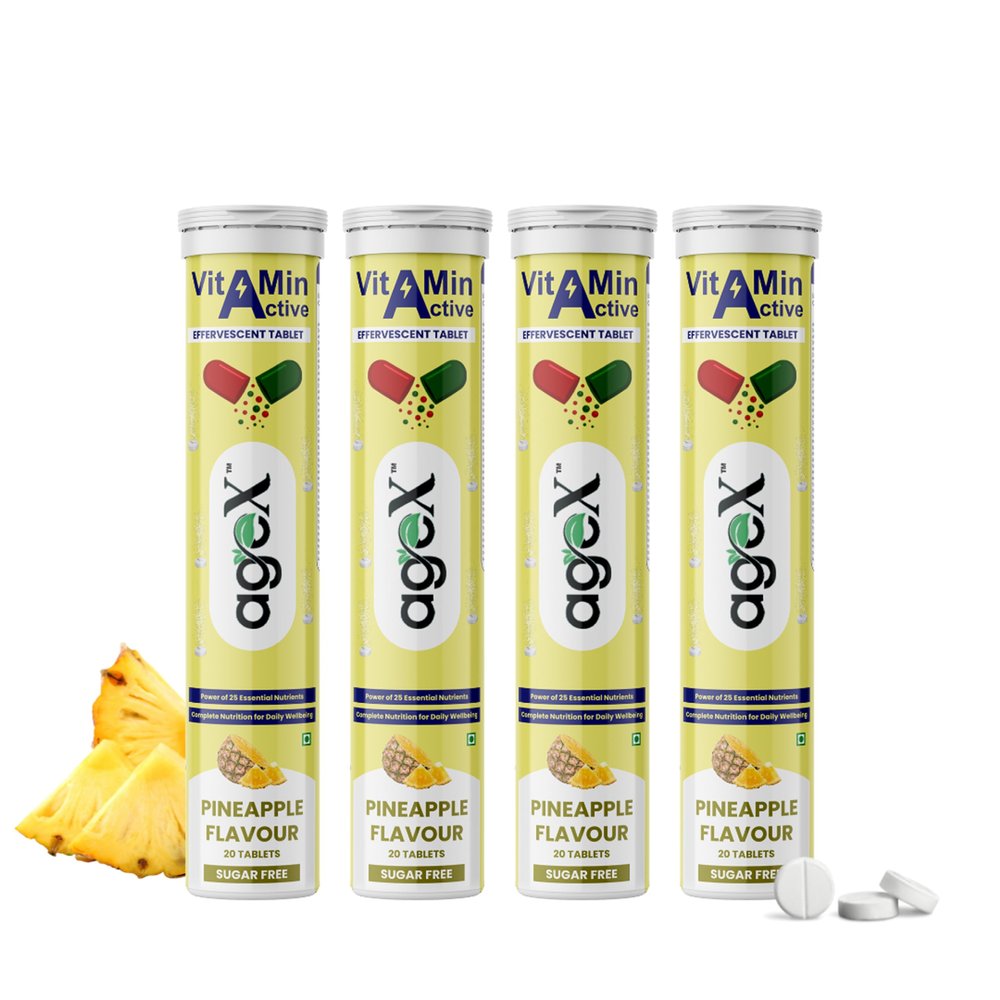 AgeX Daily Multivitamins - 21 Fast-Acting Vitamins & Minerals with Vit C, B3, B12, Zinc and Iron for Immunity, Energy & Heart Health - 80 Effervescent Tablets - Pineapple (Pack of 4)