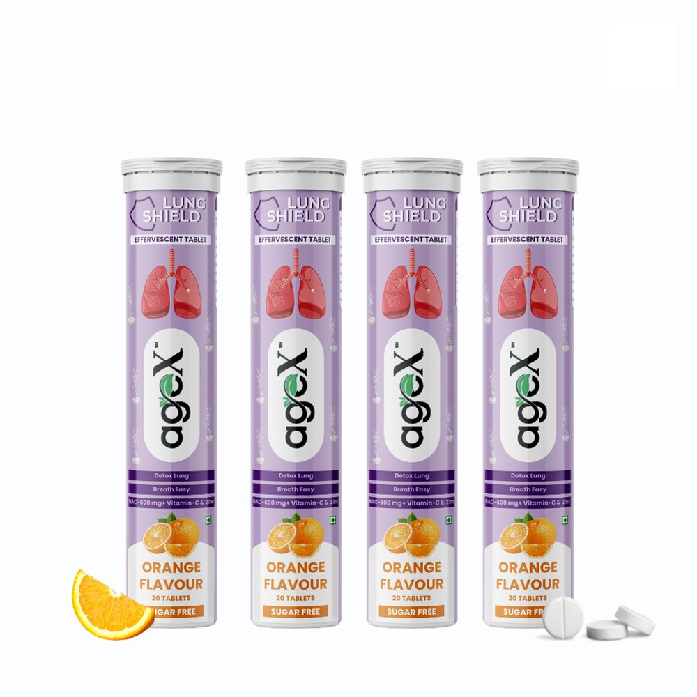 Agex Lung Detox Effervescent Tablets with N-Acetylcysteine 600mg, Vitamin C & Zinc | Supports Lung Cleanse, Clear Breathing & Immune Strength | Orange Flavour | 20 Tablets (Pack of 4)