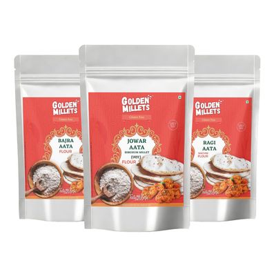 Golden Millets Natural Millet Flour Combo Pack of 3 - Jowar, Bajra, Ragi Gluten Free Atta 1kg each High in Protein, Fibre & Micro-Nutrients | Perfect for Soft Rotis for Health Indian Cooking