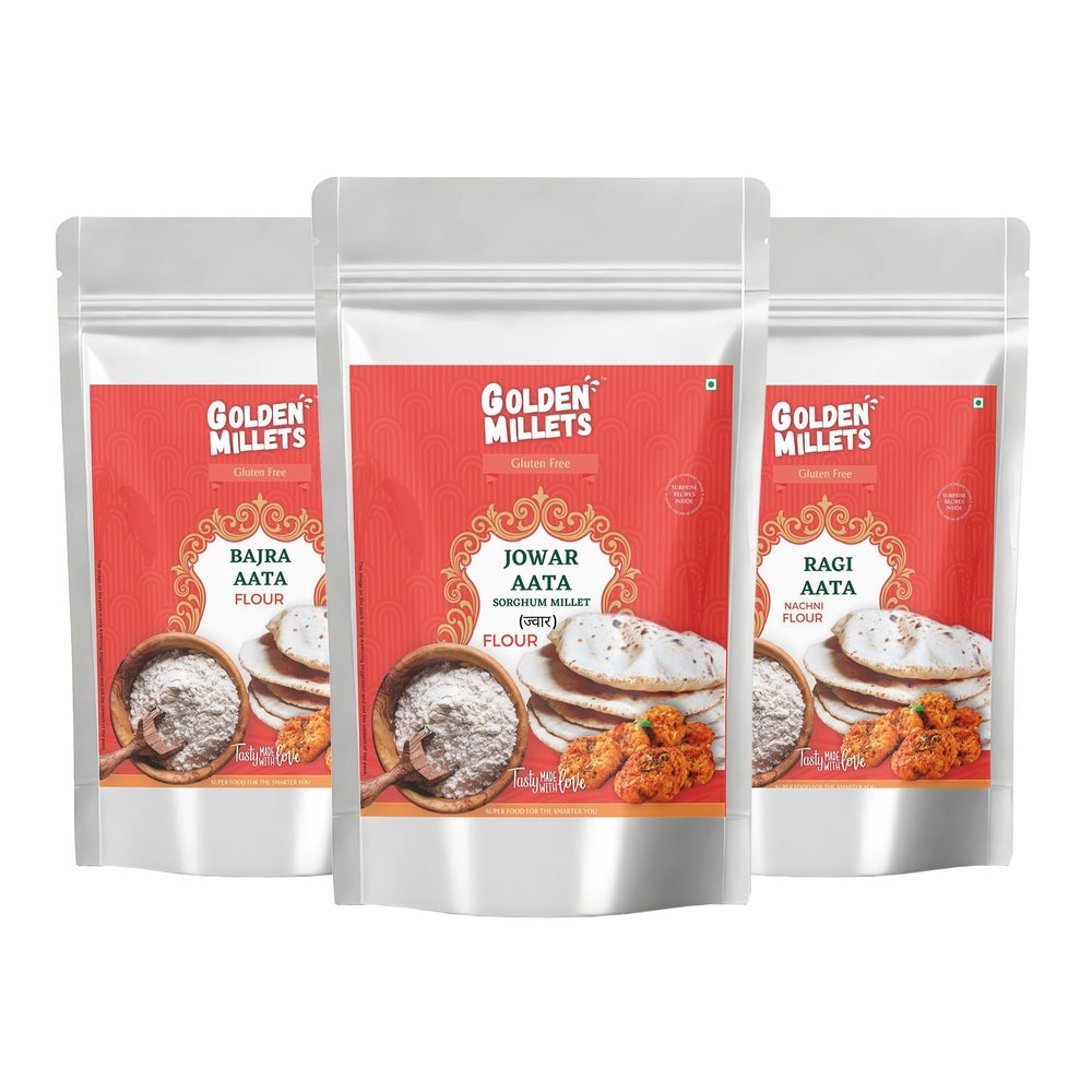 Golden Millets Natural Millet Flour Combo Pack of 3 - Jowar, Bajra, Ragi Gluten Free Atta 1kg each High in Protein, Fibre & Micro-Nutrients | Perfect for Soft Rotis for Health Indian Cooking