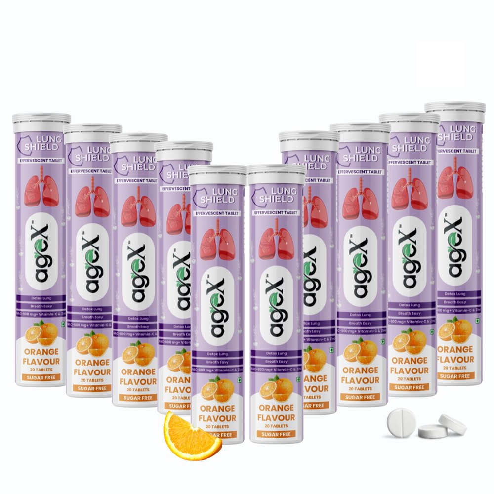 Agex Lung Detox Effervescent Tablets with N-Acetylcysteine 600mg, Vitamin C & Zinc | Supports Lung Cleanse, Clear Breathing & Immune Strength | Orange Flavour | 20 Tablets (Pack of 10)