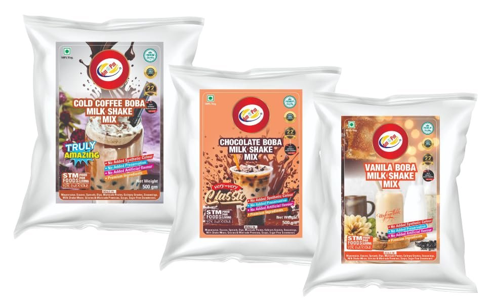 Am 2 Pm - Premium Silky Smoothy Boba Milk Shake Mix | Instant Premix Drink Milkshake Powder, (Vanila Boba+ Chocolate Boba + Cold Coffee Boba Milk Shake Mix) - Pack of 3, 500 gm each
