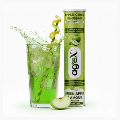 AgeX Apple Cider Vinegar Effervescent Tablet with 500mg ACV, Vit B6 & B12, Control Cravings I with Pomegranate & Beetroot I No Maltodextrin & No Added Sugar I 20 Effervescent Tablets - Green Apple (Pack of 1)