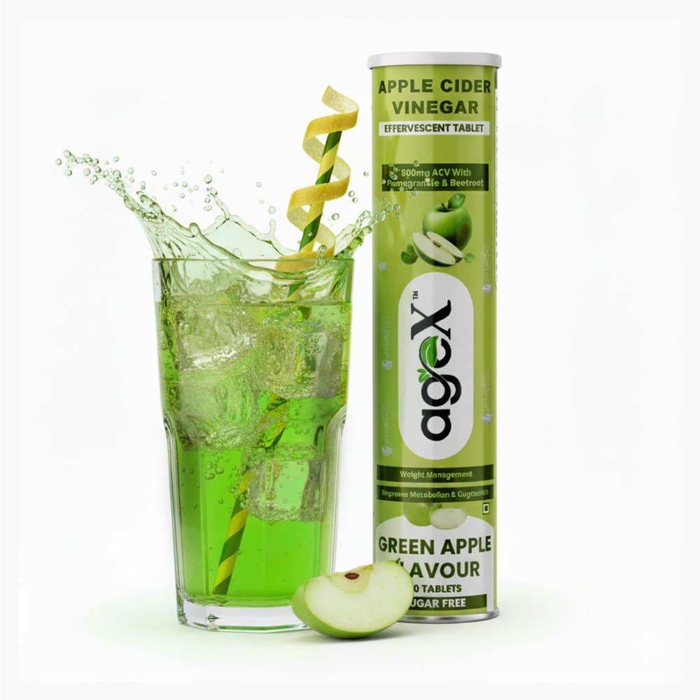 AgeX Apple Cider Vinegar Effervescent Tablet with 500mg ACV, Vit B6 & B12, Control Cravings I with Pomegranate & Beetroot I No Maltodextrin & No Added Sugar I 20 Effervescent Tablets - Green Apple (Pack of 1)