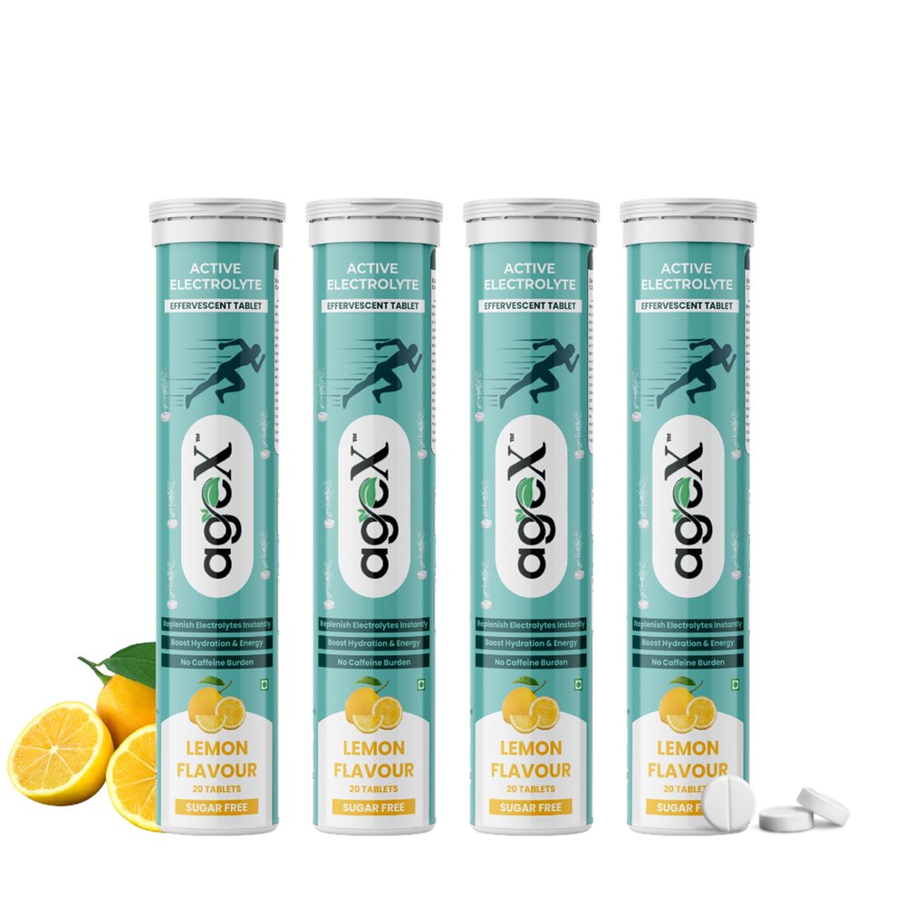 AgeX Active Electrolyte Effervescent Tablets, Energy Drink with Zero Sugar, Zero Caffeine for Daily Rehydration with Vitamin C & Zinc | Lemon Flavour - 80 Effervescent Tablets (Pack of 4)
