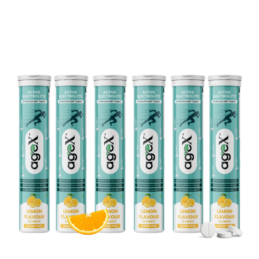AgeX Active Electrolyte Effervescent Tablets, Energy Drink with Zero Sugar, Zero Caffeine for Daily Rehydration with Vitamin C & Zinc | Lemon Flavour - 120 Effervescent Tablets (Pack of 6)