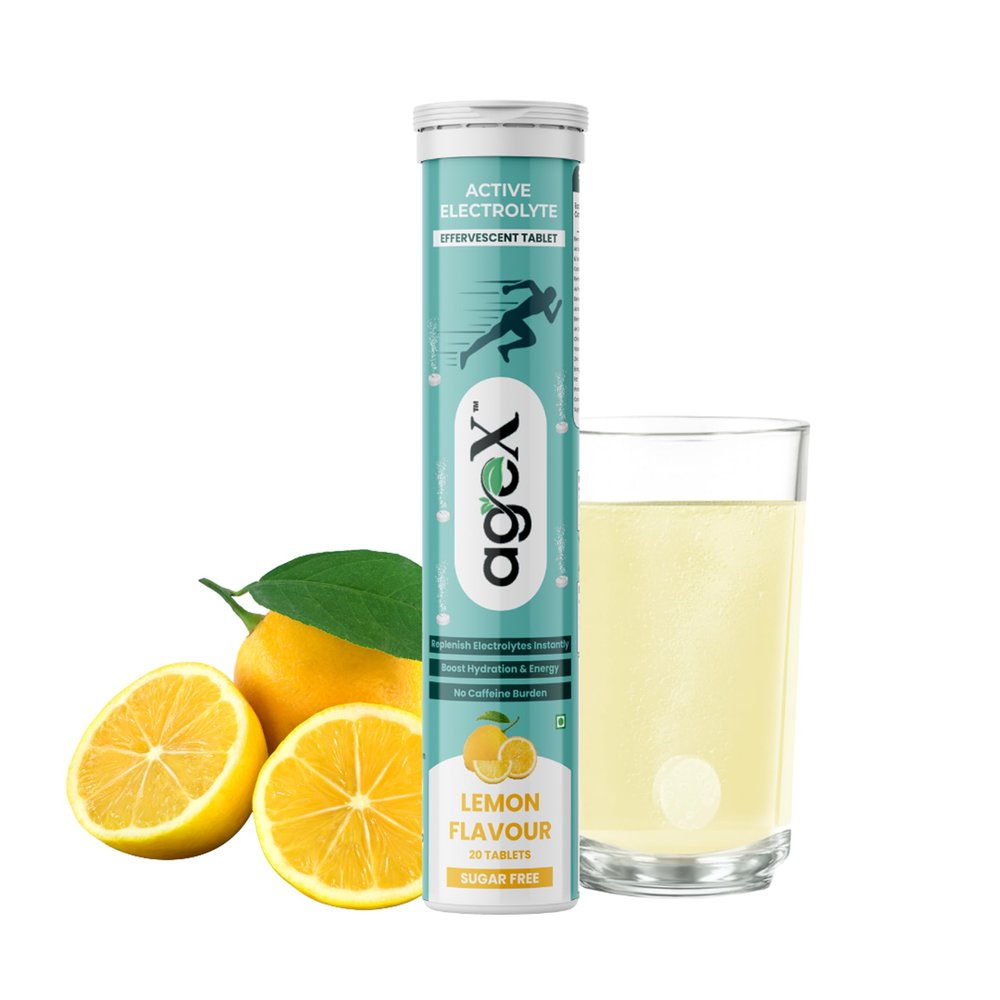 AgeX Active Electrolyte Effervescent Tablets, Energy Drink with Zero Sugar, Zero Caffeine for Daily Rehydration with Vitamin C & Zinc | Lemon Flavour - 20 Effervescent Tablets (Pack of 1)