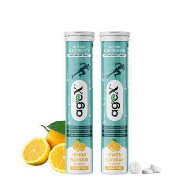 AgeX Active Electrolyte Effervescent Tablets, Energy Drink with Zero Sugar, Zero Caffeine for Daily Rehydration with Vitamin C & Zinc | Lemon Flavour - 40 Effervescent Tablets (Pack of 2)