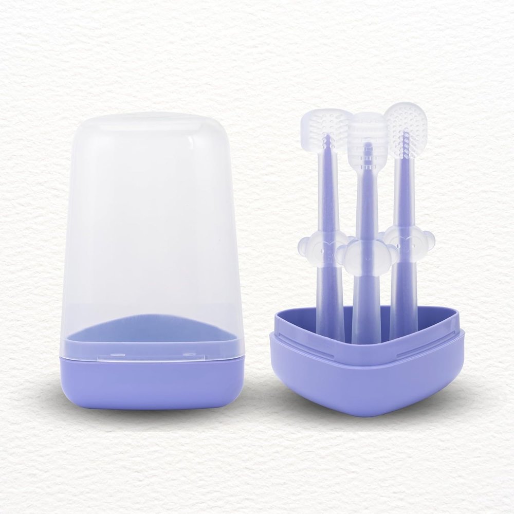 3 Pcs Silicone Baby Manual Toothbrush Set For 0-18 Months Includes Newborn Tongue Cleaner, U-Shaped Toothscrubber, Soft Gum Massager With Travel Case Infant Oral Care,Multicolor