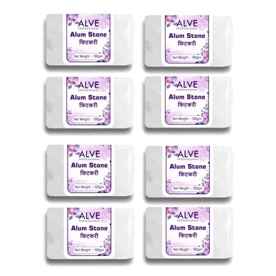 ALVE PROFESSIONAL Alum Stone Bar 800g Natural Fitkari Stone for Skin Tightening & Water Purification | Crystal White Alum Bar for Underarms & Shaving | Gentle & Effective Pack of 100g x 8