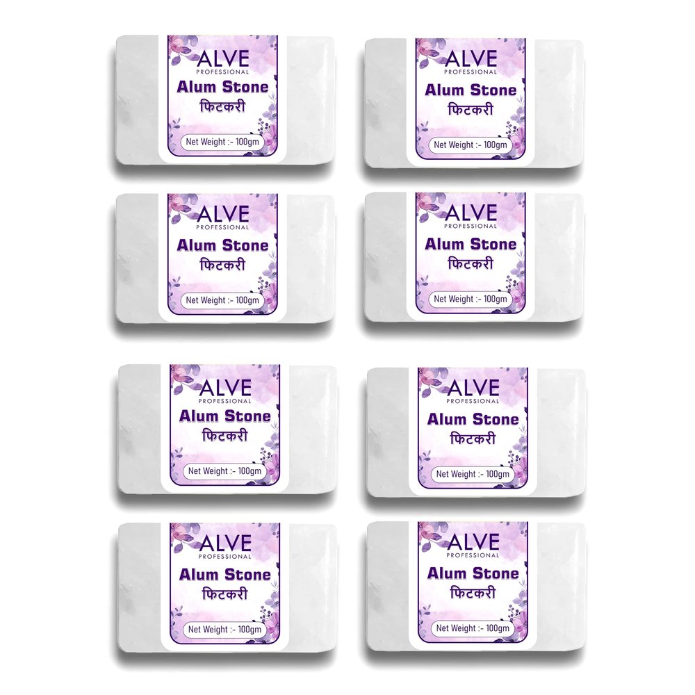 ALVE PROFESSIONAL Alum Stone Bar 800g Natural Fitkari Stone for Skin Tightening & Water Purification | Crystal White Alum Bar for Underarms & Shaving | Gentle & Effective Pack of 100g x 8