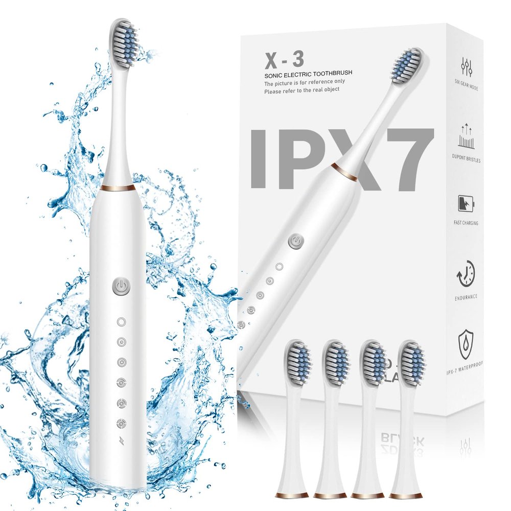 Quebers Electric Toothbrushes USB Rechargeable Ultrasonic with 4 Brush Heads 6 Cleaning Modes and Smart Timer Waterproof Cleaning Toothbrushes for Adults and Kids (Pack of 1)