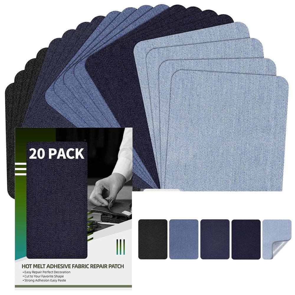 Ahamo 20-Pack Denim Iron On Patches for Clothes Repair - 5 Color Cloth Stickers Patch Set (5x7.5cm) | Fabric Stickers for Torn Jeans, Jackets & Bags