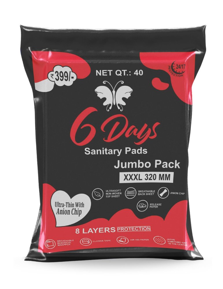 6 Days Sanitary Pads for Women Pack of 40 | 8 Layer Deep Absorption with Herbal Shield for Bacterial Protection | Soft on Skin Comfy Dry Top Sheet Jumbo Pack (Size - XXXL)