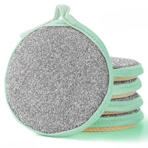 Double Sided Dish Cleaning Sponge Scrubbers, Round Shape, 5 Pieces, Mint Green and Grey