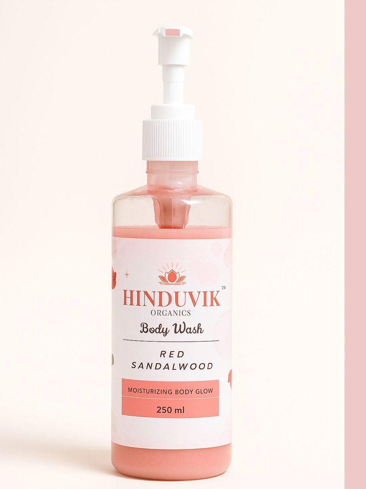 HINDUVIK Organic Red Sandalwood Body Wash 250ml | Natural Moisturizing Shower Gel with Shea Butter, Olive Oil, Almond & Coconut Oil | Body Glow Cleanser for Men & Women | Sulphate Free