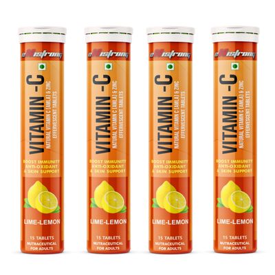 Existrong Vitamin C with Zinc & Amla Extract Lemon Flavor Effervescent Tablets for Immunity & Collagen Support Healthy Skin, Hair & Nails Multivitamin Supplement (Pack of 4, 60 Tablets)
