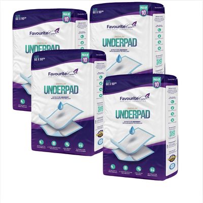 Favourite Care Premium Adult Underpads, 60x90 cm, Large Size | Super Absorbent & Leak-Proof | 10 Pcs x Pack of 4 (Total 40 Pads)