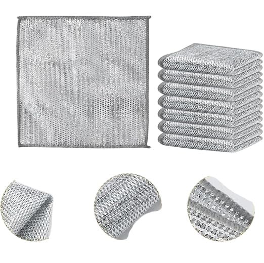 Eco-Kleen, Non-Scratch Wire Dish Cloth Steel Scrubber, 2-Layered Stainless Steel Mesh for Utensils, Sink & Counter Cleaning | Multipurpose Wet & Dry Scrubbing Pad (Pack of 10, Silver)
