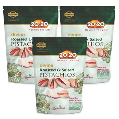20-20 Roasted Pistachios 750g | Pack of 3 (250g Each) | Crunchy Pista for Snacking | Healthy Nuts | Rich in Protein & Fiber | Dry Fruit | Vacuum Packed