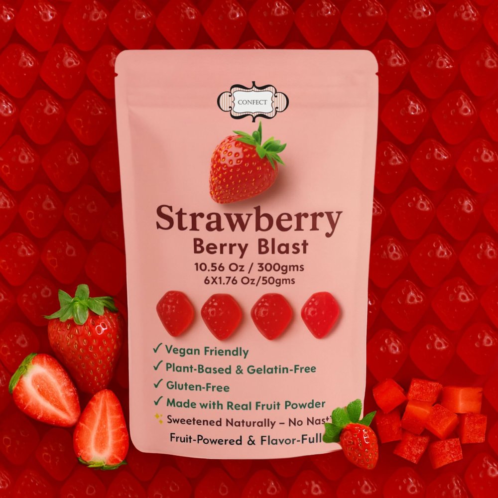 Confect Strawberry Berry Blast Fruit Gummies  6 Pack Vegan, Gluten-Free, Real Strawberry Powder, No Corn Syrup, No Artificial Flavours, Only 60 Calories - 300 Gms