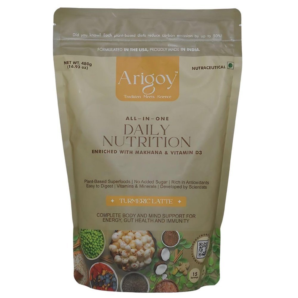 Arigoy All-in-One Plant-Based Protein & Wellness Drink with Makhana, Vitamin D3, and Superfoods | Turmeric Latte Flavor, 480g