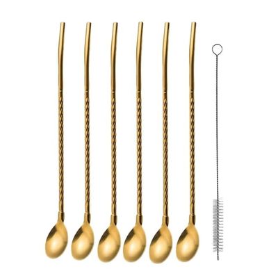 DAIZY DAZZLE 6-Piece Reusable Stainless Steel Straw Spoon Combo (8.6" Gold) with Cleaning Brush | Metal Straws for Milkshakes, Smoothies, Iced Tea, Cocktails | Eco-Friendly Party & Home Use