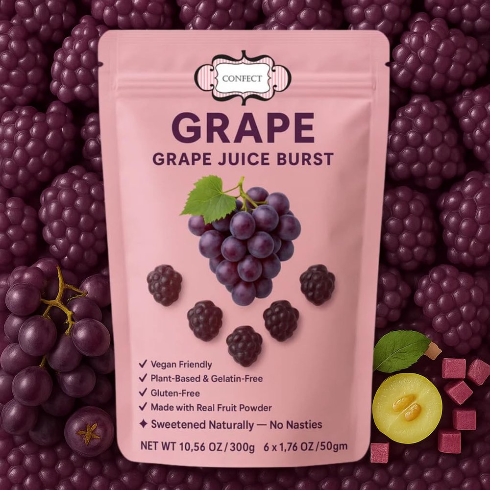 Confect Grape Juice Burst Fruit Gummies  Vegan & Gluten-Free  6 Packs, 10.56 oz Total  No Corn Syrup, Grape Shape- 300 Gms