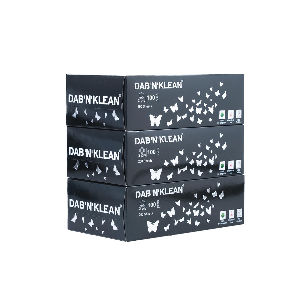 Dab N Klean 2 Ply Facial Tissue Box | Ultra-Soft, Absorbent | 100% Natural Virgin Pulp | Disposable Tissues for Home, Office, Car | 100 Pulls/200 Sheets/Box (Black, 3 Boxes, 600 Sheets)