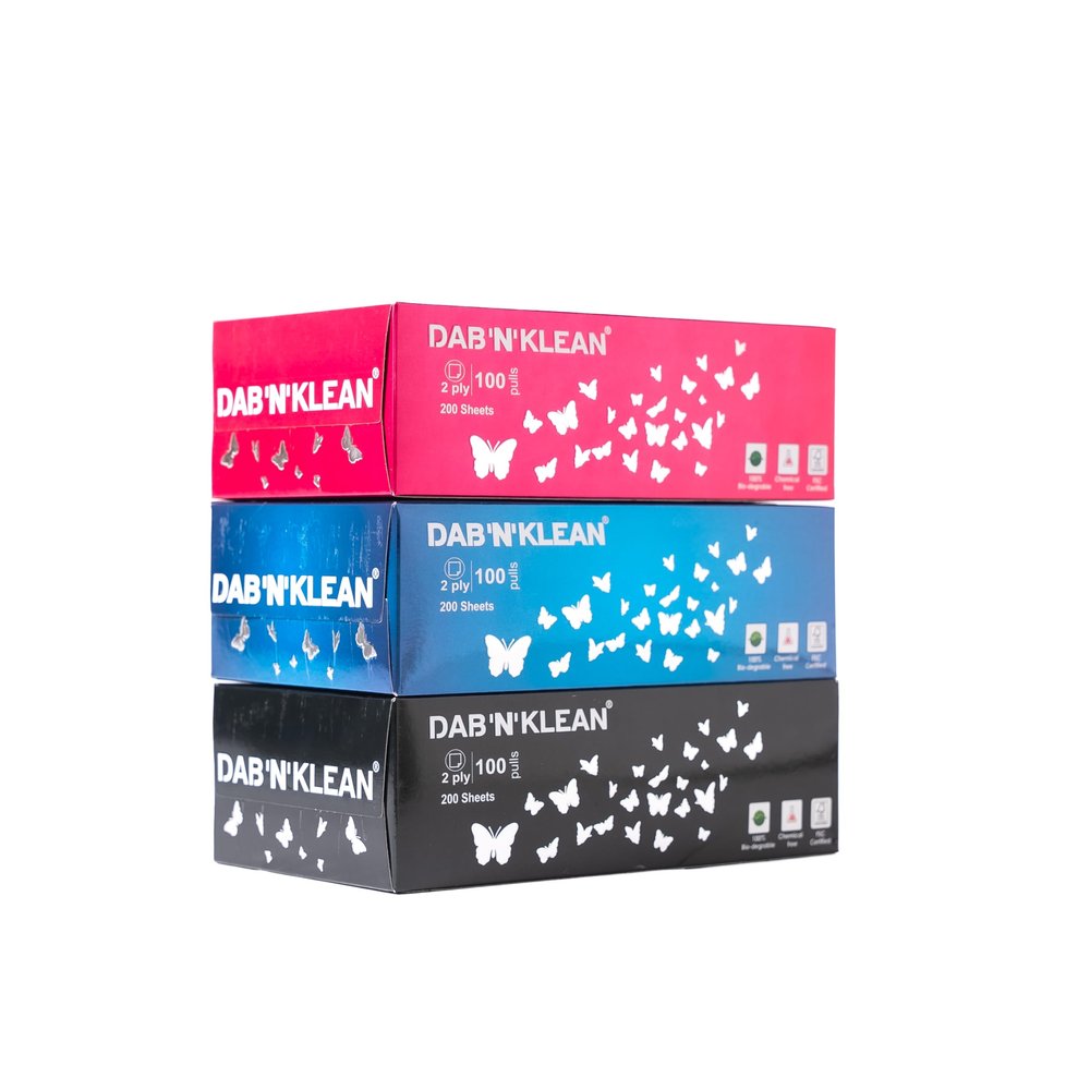 Dab N Klean 2 Ply Facial Tissue Box | Ultra-Soft, Absorbent | 100% Natural Virgin Pulp | Disposable Tissues for Home, Office, Car | 100 Pulls/200 Sheets/Box (Multicolor, 3 Boxes, 600 Sheets)