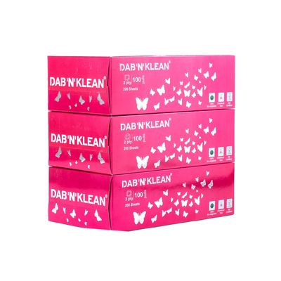 Dab N Klean 2 Ply Facial Tissue Box | Ultra-Soft, Absorbent | 100% Natural Virgin Pulp | Disposable Tissues for Home, Office, Car | 100 Pulls/200 Sheets/Box (Pink, 3 Boxes, 600 Sheets)