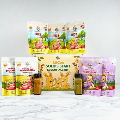 LilCoo Solids Start Essential Kit with FREE Guide to Starting Solids | Rice (900 gms), Moong dal (500 gms), Sprouted Ragi/Nachani Flour (400 gms), Turmeric Powder & Moringa leaf powder combo| Nutrient Rich| Certified 0 Toxins | Annaprashana - Chorunn