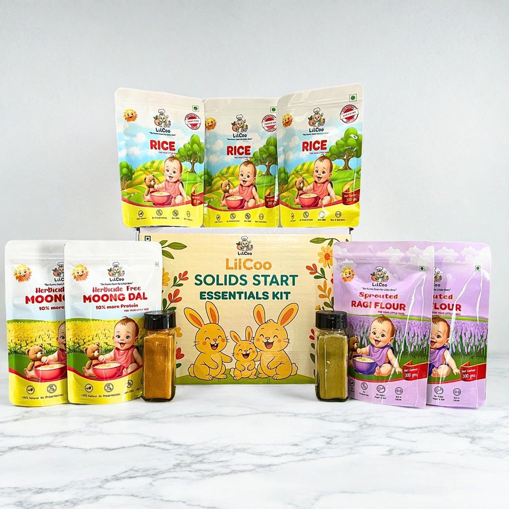 LilCoo Solids Start Essential Kit with FREE Guide to Starting Solids | Rice (900 gms), Moong dal (500 gms), Sprouted Ragi/Nachani Flour (400 gms), Turmeric Powder & Moringa leaf powder combo| Nutrient Rich| Certified 0 Toxins | Annaprashana - Chorunn