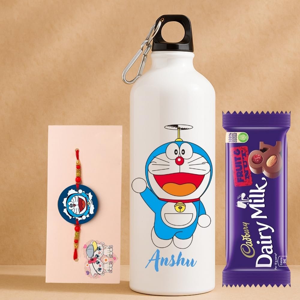 Half Engineer Cute Doraemon Theme MDF Rakhi with Delicious Chocolate and Custom 750ml Aluminium Water Bottle Unique Raksha Bandhan Gift for Kids, Brothers, and Superhero Fans