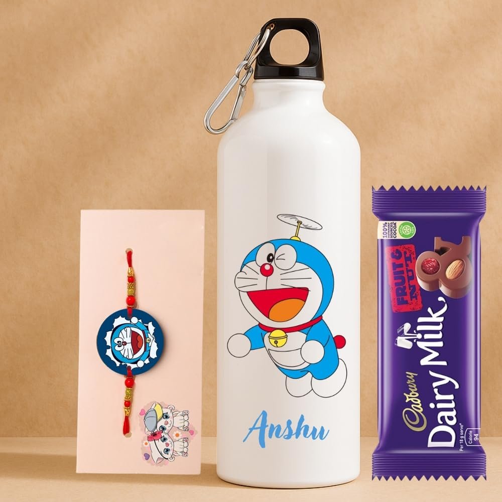 Half Engineer Magical Doraemon MDF Rakhi with Delicious Chocolate and Custom 750ml Aluminium Water Bottle  Unique Raksha Bandhan Gift for Kids, Brothers, and Superhero Fans