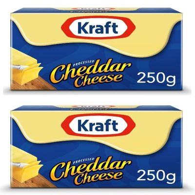 Krafts Cheddar Cheese Block Smooth & Creamy Processed Cheese, Ideal for Cooking & Snacking 2 x 250g (UK)