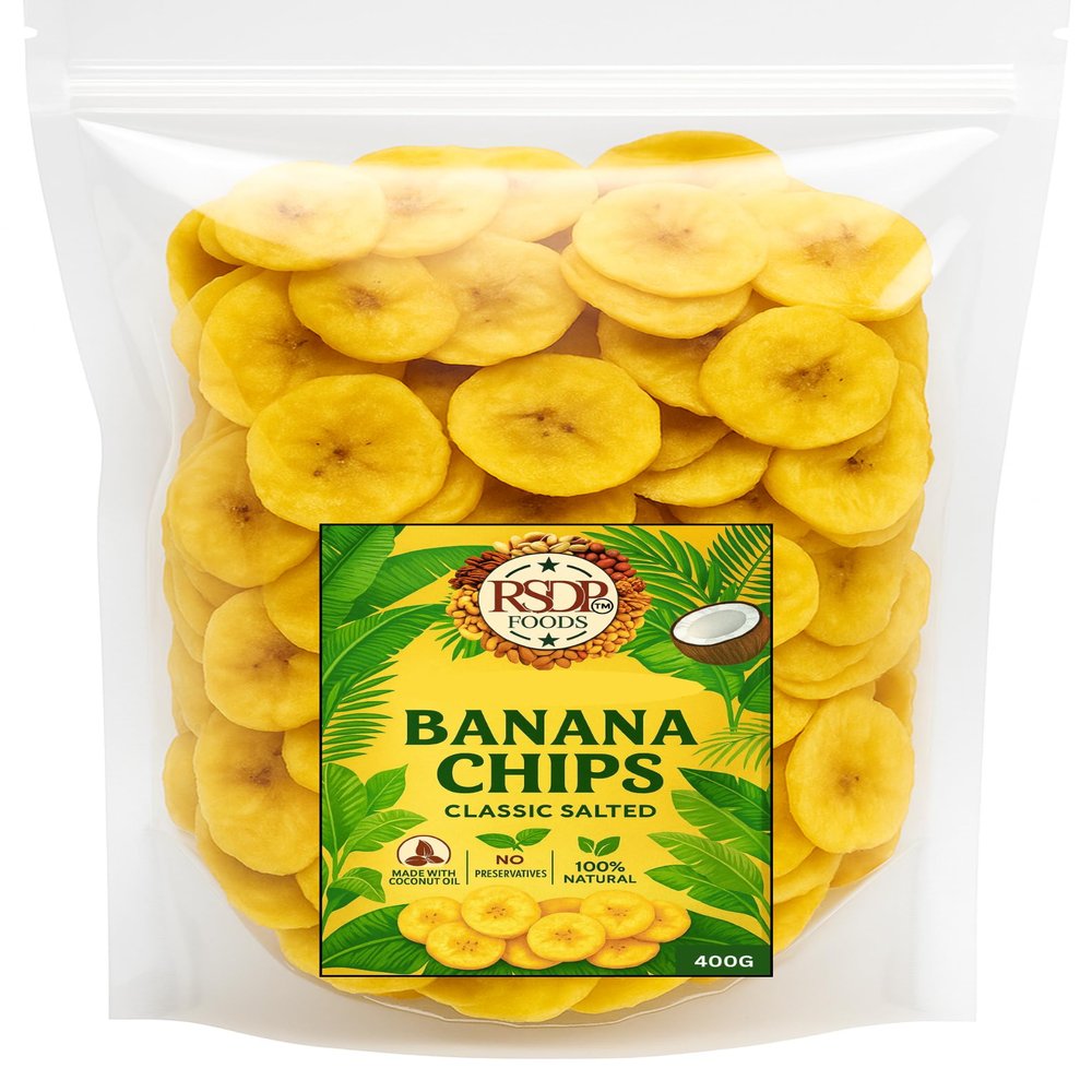 Banana chips, RSDP Foods, Classic Salted Banana Chips, 400g, Snacking, fresh, healthy, thin, wafers, crispy, Namkeen snacks, banana chips yellow, banana chips healthy
