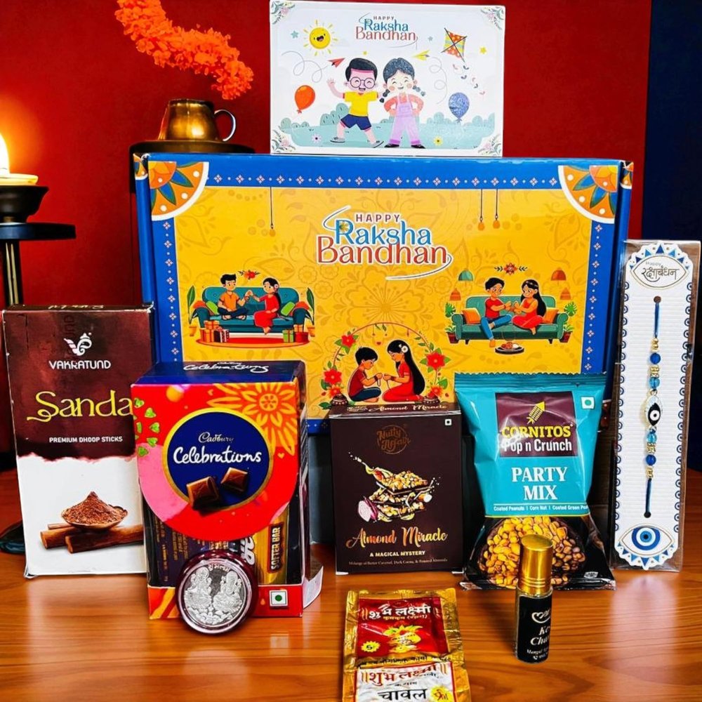 VISHWARATNA Rakhi Gift Combo Box for Brother Bhaiya & Bhabhi-9 Inclusions + Evil Eye Rakhi Nazar Kavach|Chocolate,Millet Namkeen,Almond Bar,Incense Sticks & Stand,Perfume,Coin,Card,Roli Chawall