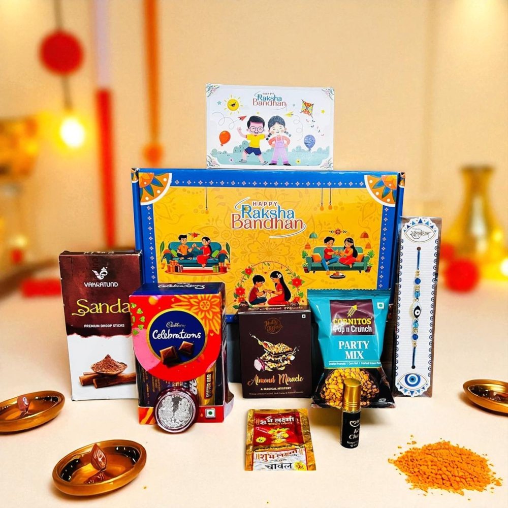 TRUEGANIC Rakhi Gift Combo Box for Brother Bhaiya & Bhabhi-9 Inclusions + Evil Eye Rakhi Nazar Kavach|Chocolate,Millet Namkeen,Almond Bar,Incense Sticks & Stand,Perfume,Coin,Card,Roli Chawall