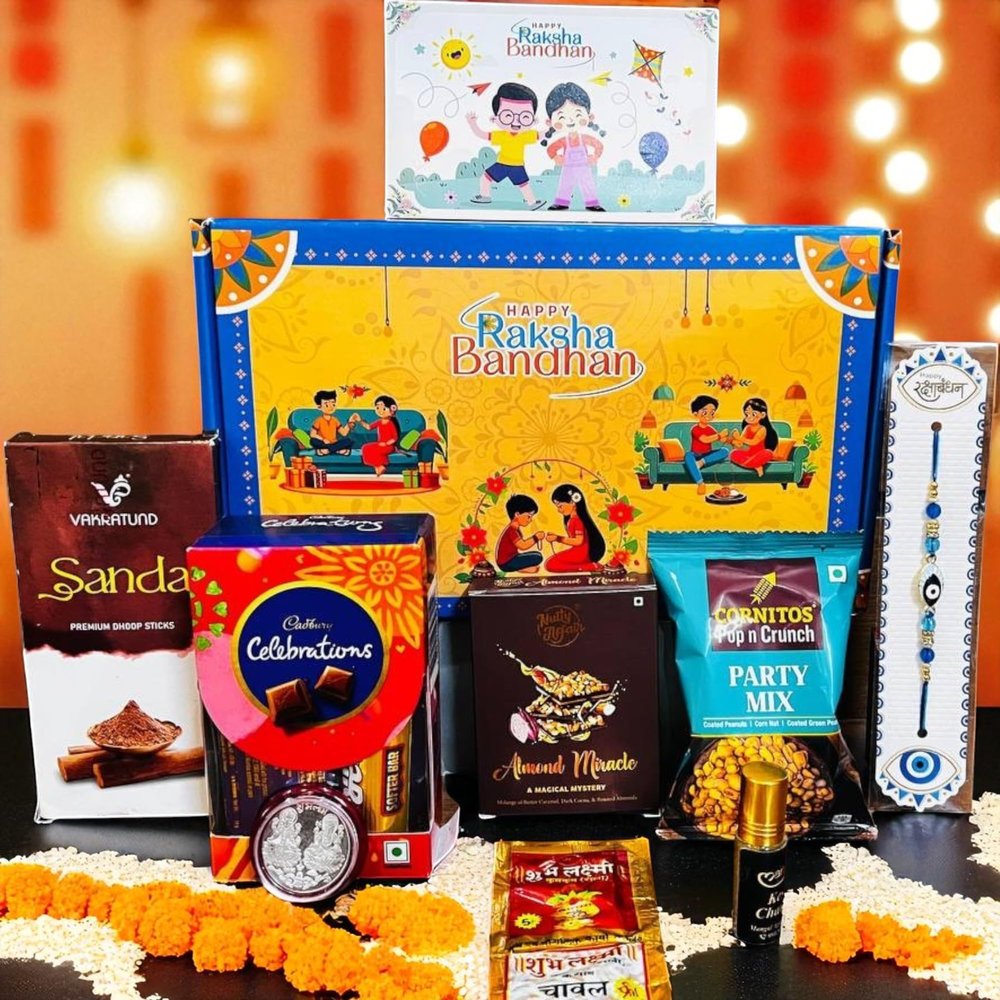 ZECIBEL Rakhi Gift Combo Box for Brother Bhaiya & Bhabhi-9 Inclusions + Evil Eye Rakhi Nazar Kavach|Chocolate,Millet Namkeen,Almond Bar,Incense Sticks & Stand,Perfume,Coin,Card,Roli Chawall
