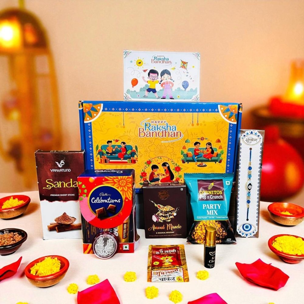 NU LIVING Rakhi Gift Combo Box for Brother Bhaiya & Bhabhi-9 Inclusions + Evil Eye Rakhi Nazar Kavach|Chocolate,Millet Namkeen,Almond Bar,Incense Sticks & Stand,Perfume,Coin,Card,Roli Chawall