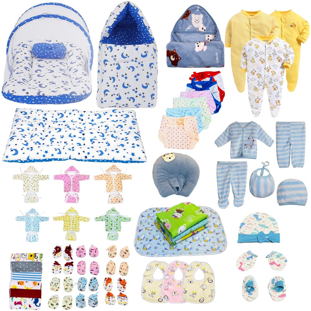 Infantbond Baby Semiwinter and Monsoon Use Hospital Essential Combo for New Born | Gift Pack | Baby Products | Maternity Essentials | Bedding Set (66 Items)(0-6 Months) (66 in 1 Bluemoon)